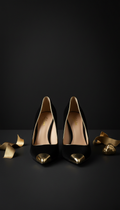 Black Velvet Stiletto Heels with Gold Accents