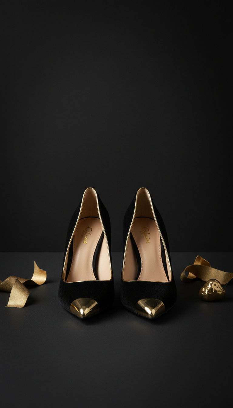 Black Velvet Stiletto Heels with Gold Accents