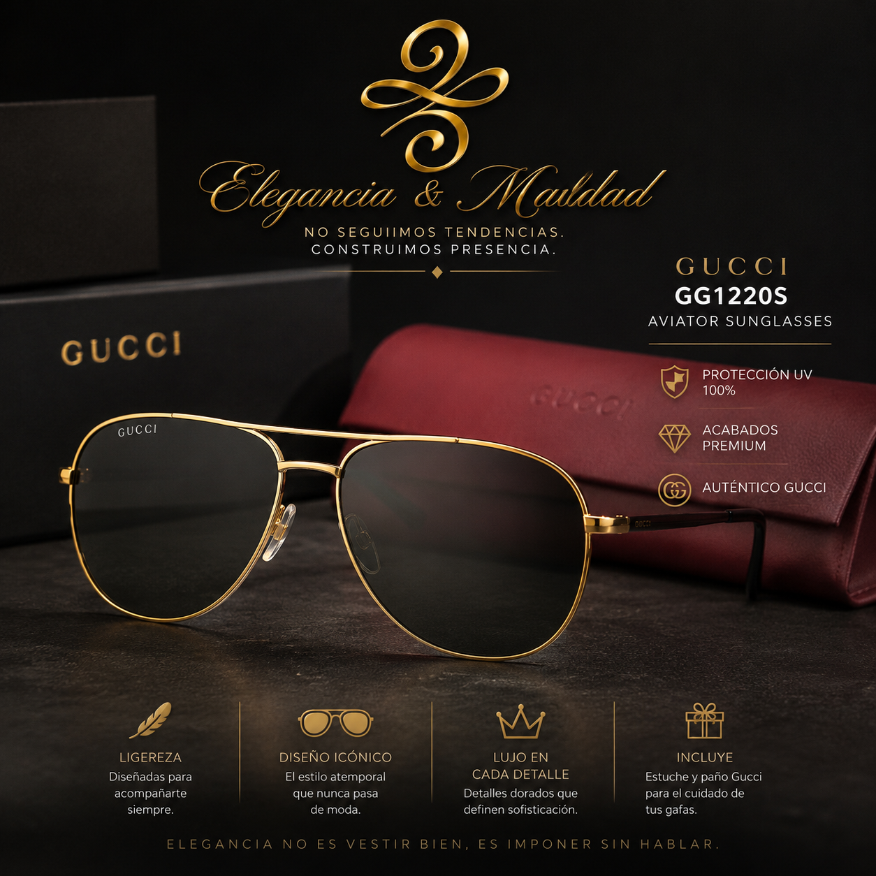 Gucci Gold Tone GG1220S Aviator Sunglasses